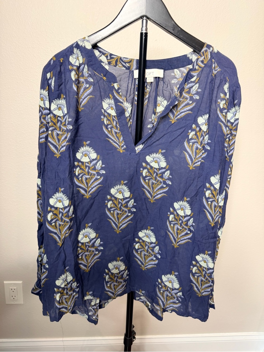 LOFT Blue Floral Block Print Peasant Blouse Size M Boho